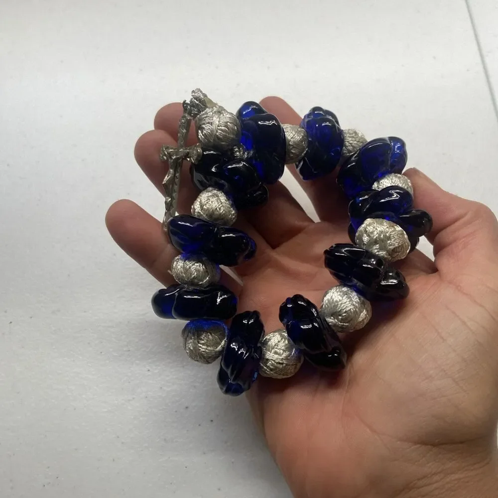 Vintage Italian Blue Murano Glass Rosary Beads Silver Tone Crucifix Handmade